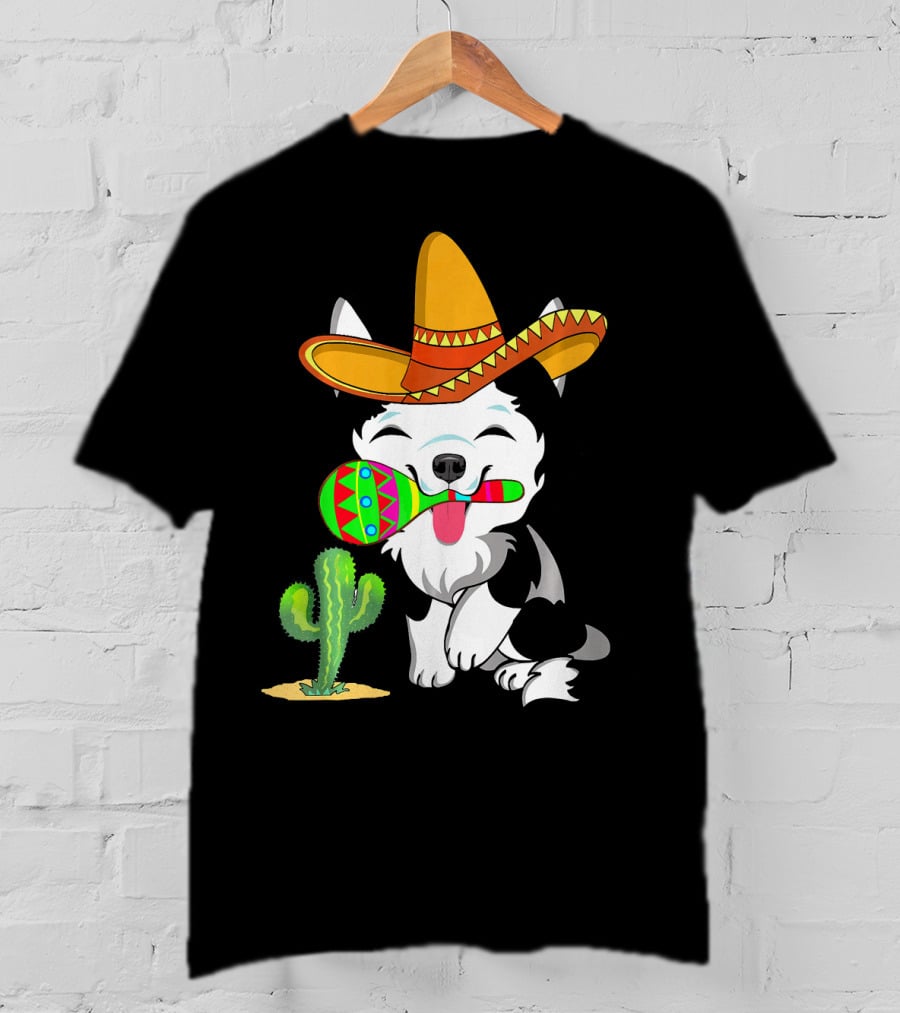 Cute Husky Dog With Sombrero And Maracas Cinco De Mayo 5th Of May T-Shirt