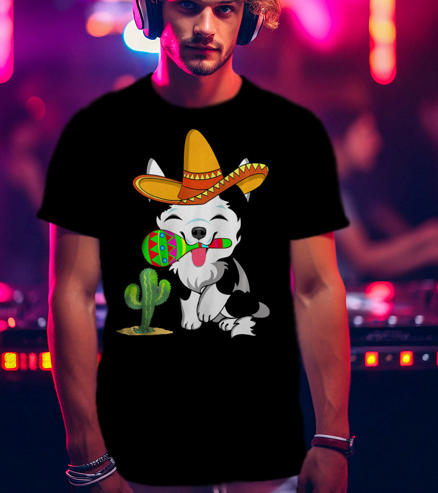 Cute Husky Dog With Sombrero And Maracas Cinco De Mayo 5th Of May T-Shirt