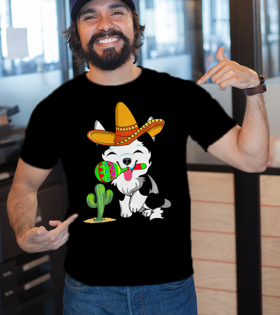 Cute Husky Dog With Sombrero And Maracas Cinco De Mayo 5th Of May T-Shirt