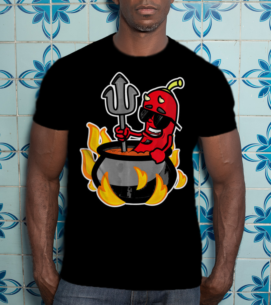 Funny Chili Pepper Devil In Fiery Pot Cinco De Mayo T-Shirt