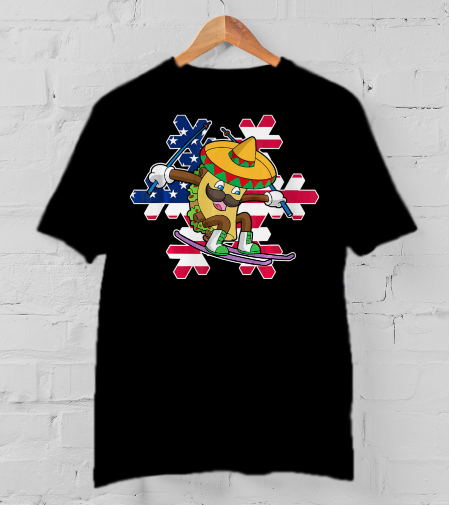 Taco Skiing Sombrero Cinco De Mayo Mexican American Flag Snowflakes T-Shirt