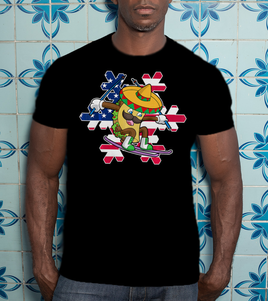Taco Skiing Sombrero Cinco De Mayo Mexican American Flag Snowflakes T-Shirt