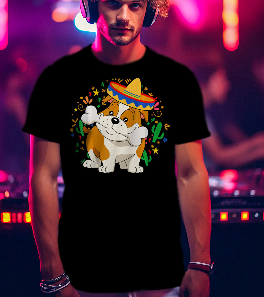 Bulldog Puppy In Sombrero With Bone And Cactus Cinco De Mayo T-Shirt