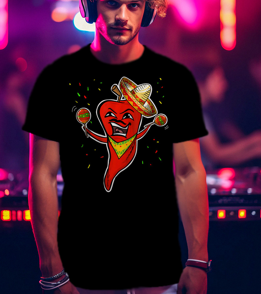 Red Pepper Sombrero Maracas Fiesta Cinco De Mayo T-Shirt