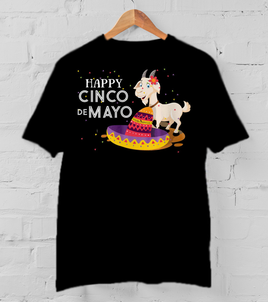 Happy Cinco De Mayo Funny Goat With Sombrero And Colorful Confetti T-Shirt