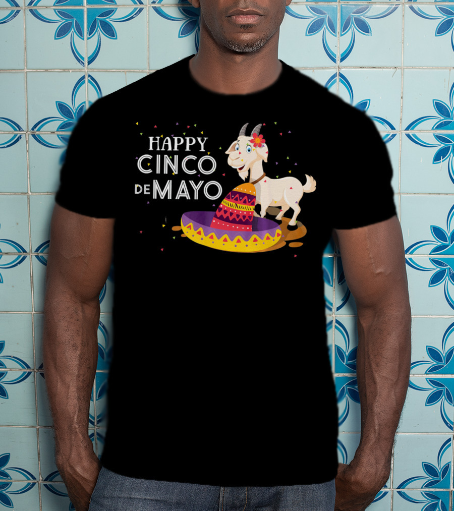 Happy Cinco De Mayo Funny Goat With Sombrero And Colorful Confetti T-Shirt