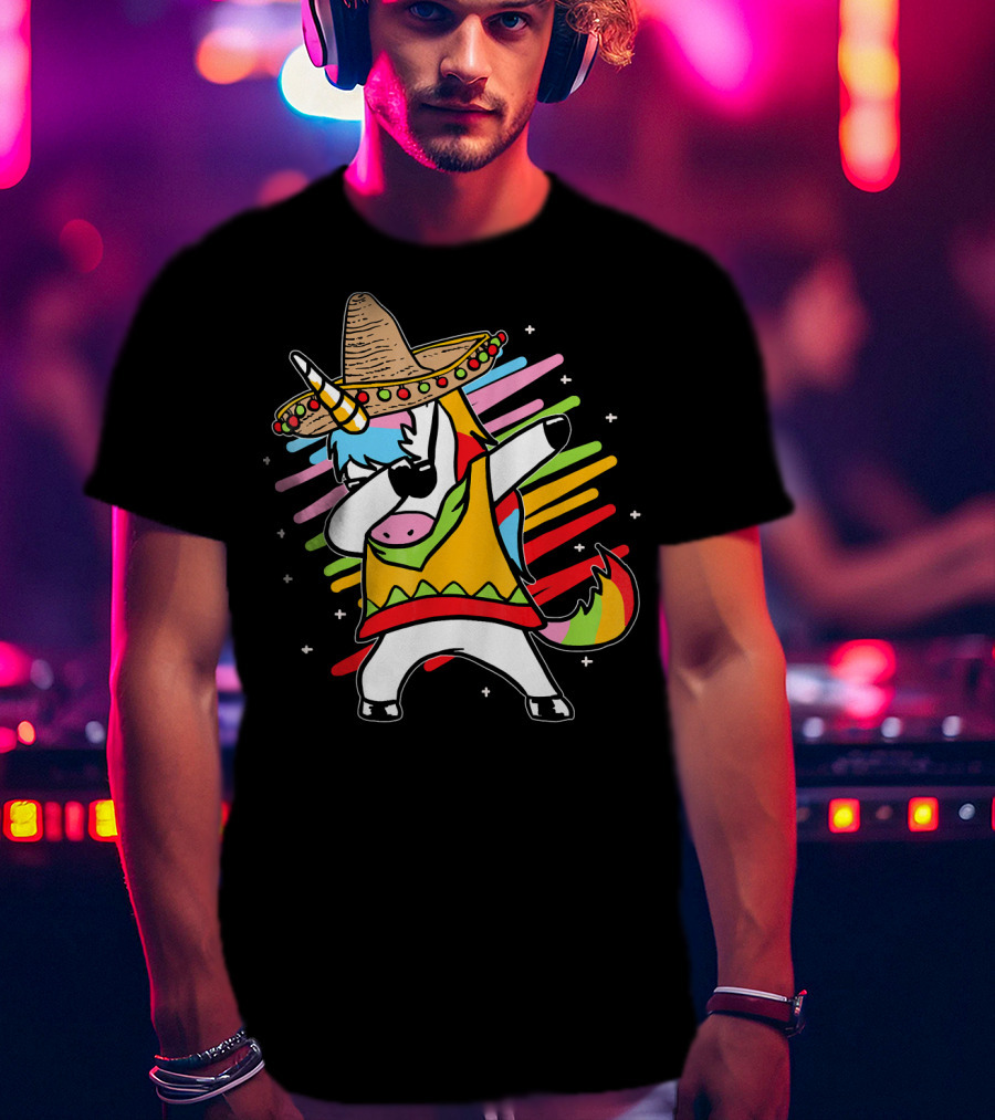 Dabbing Unicorn Cinco De Mayo Sombrero Rainbow Mexican Colors T-Shirt
