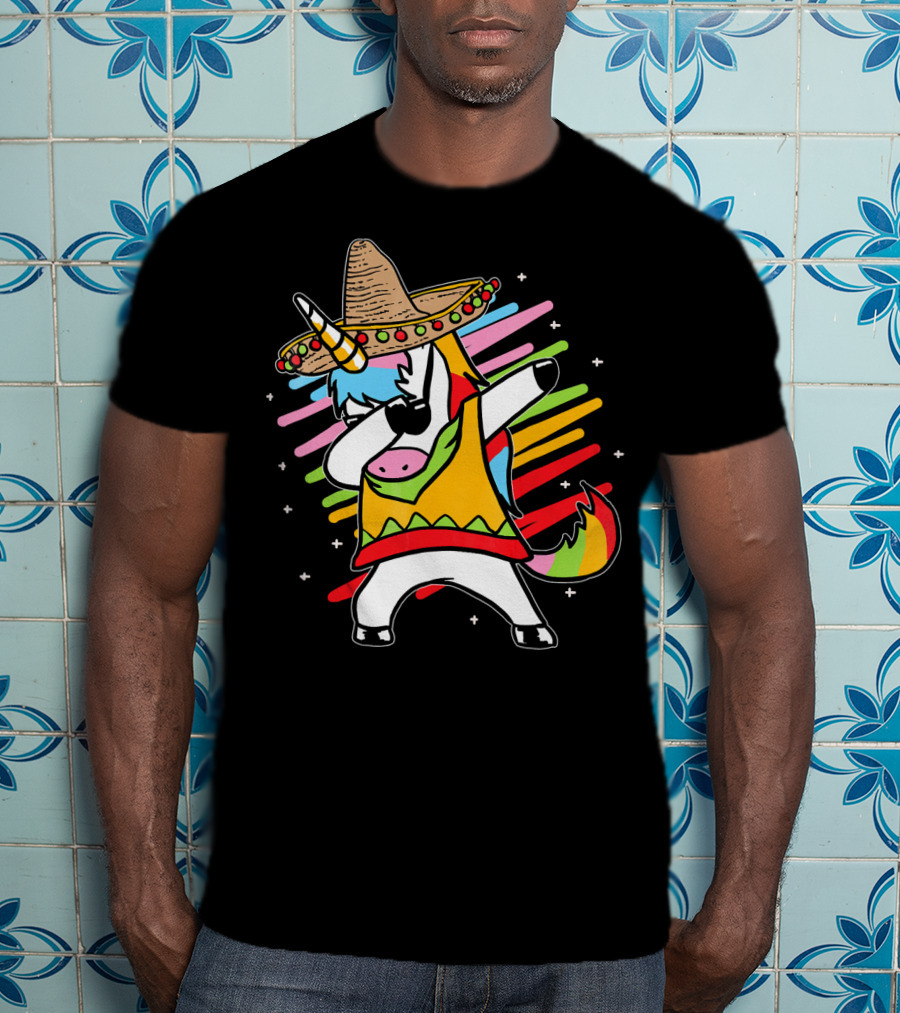 Dabbing Unicorn Cinco De Mayo Sombrero Rainbow Mexican Colors T-Shirt