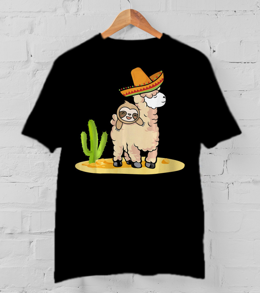 Cinco De Mayo Mexican Llama Sloth Riding Sombrero Cactus Desert Scene T-Shirt