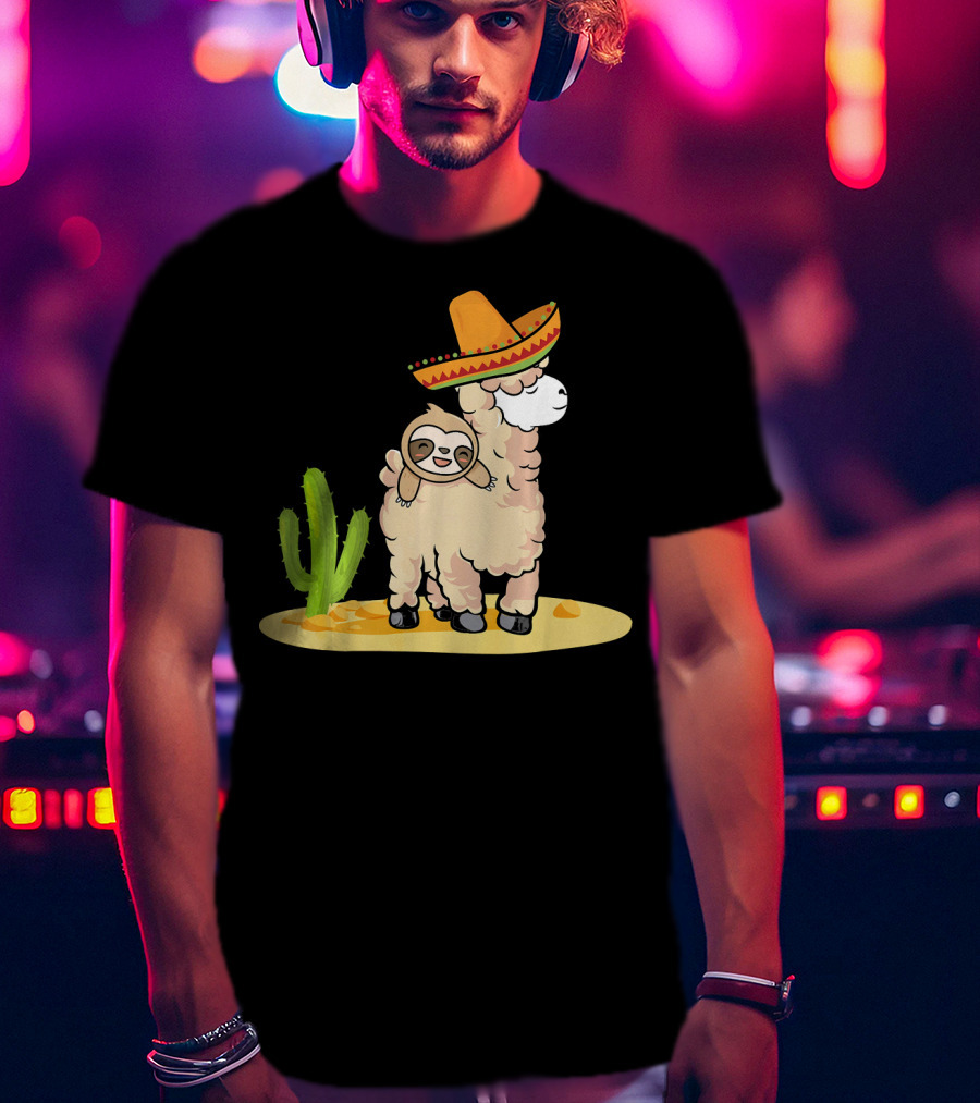 Cinco De Mayo Mexican Llama Sloth Riding Sombrero Cactus Desert Scene T-Shirt