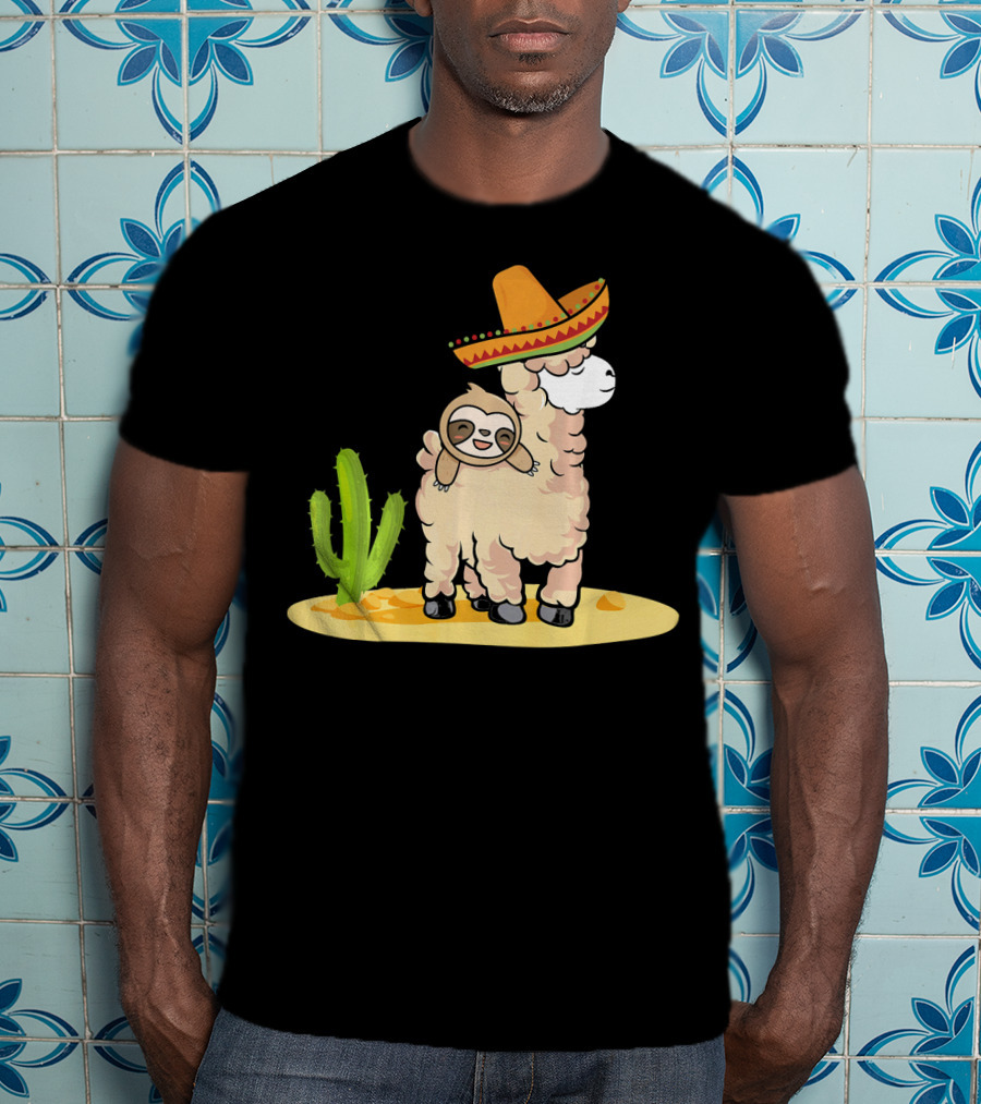 Cinco De Mayo Mexican Llama Sloth Riding Sombrero Cactus Desert Scene T-Shirt