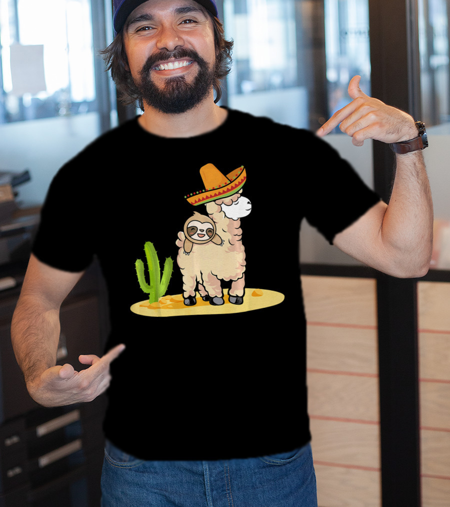 Cinco De Mayo Mexican Llama Sloth Riding Sombrero Cactus Desert Scene T-Shirt
