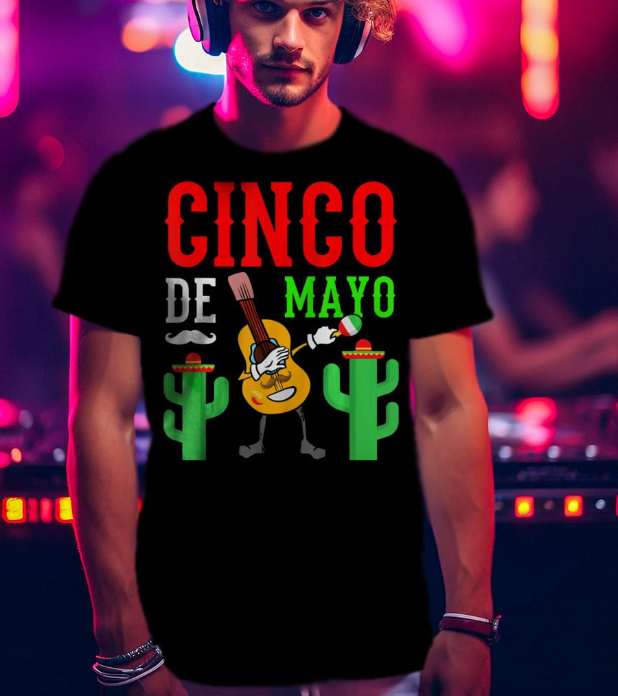 Cinco De Mayo Dabbing Guitar With Cactus And Mustache T-Shirt