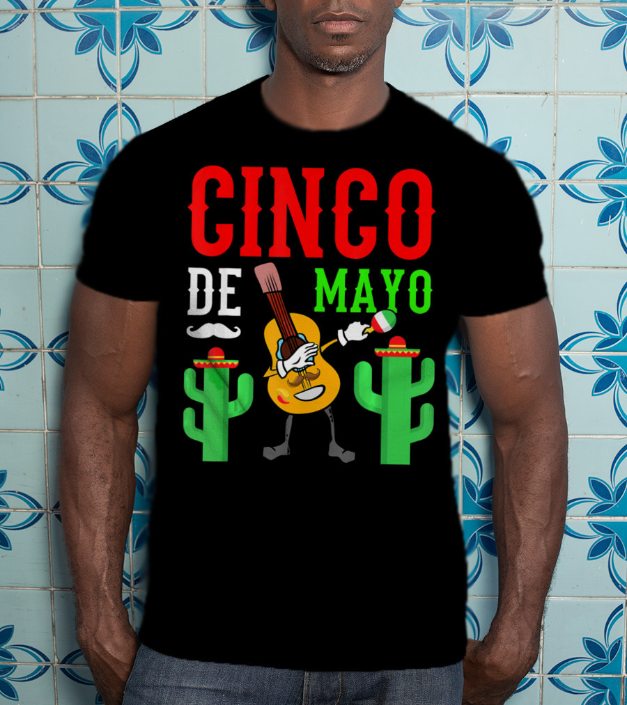 Cinco De Mayo Dabbing Guitar With Cactus And Mustache T-Shirt