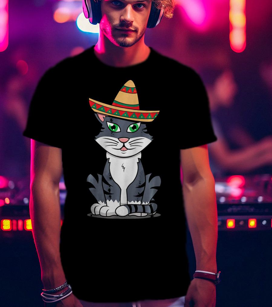 Cinco De Mayo Cat Happy With Sombrero T-Shirt
