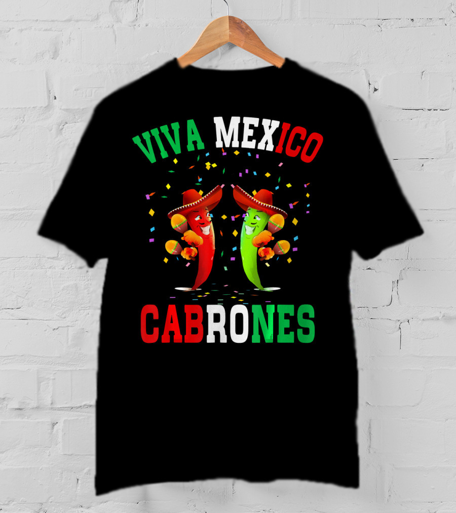 Viva Mexico Cabrones Red Green Chili Peppers Sombreros Confetti T-Shirt
