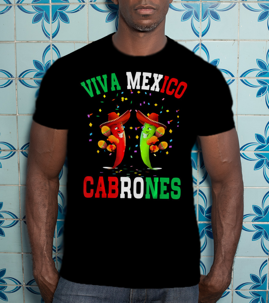 Viva Mexico Cabrones Red Green Chili Peppers Sombreros Confetti T-Shirt