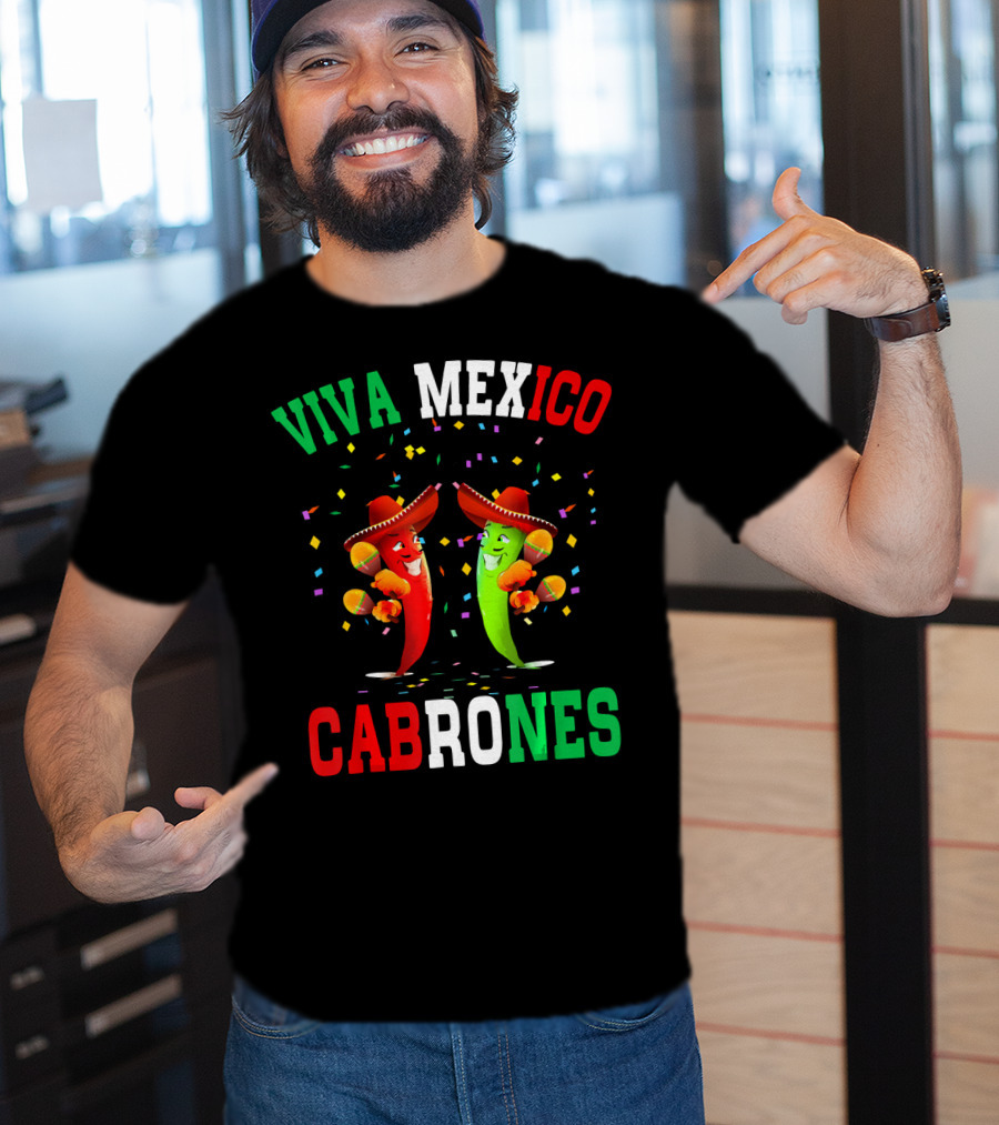 Viva Mexico Cabrones Red Green Chili Peppers Sombreros Confetti T-Shirt