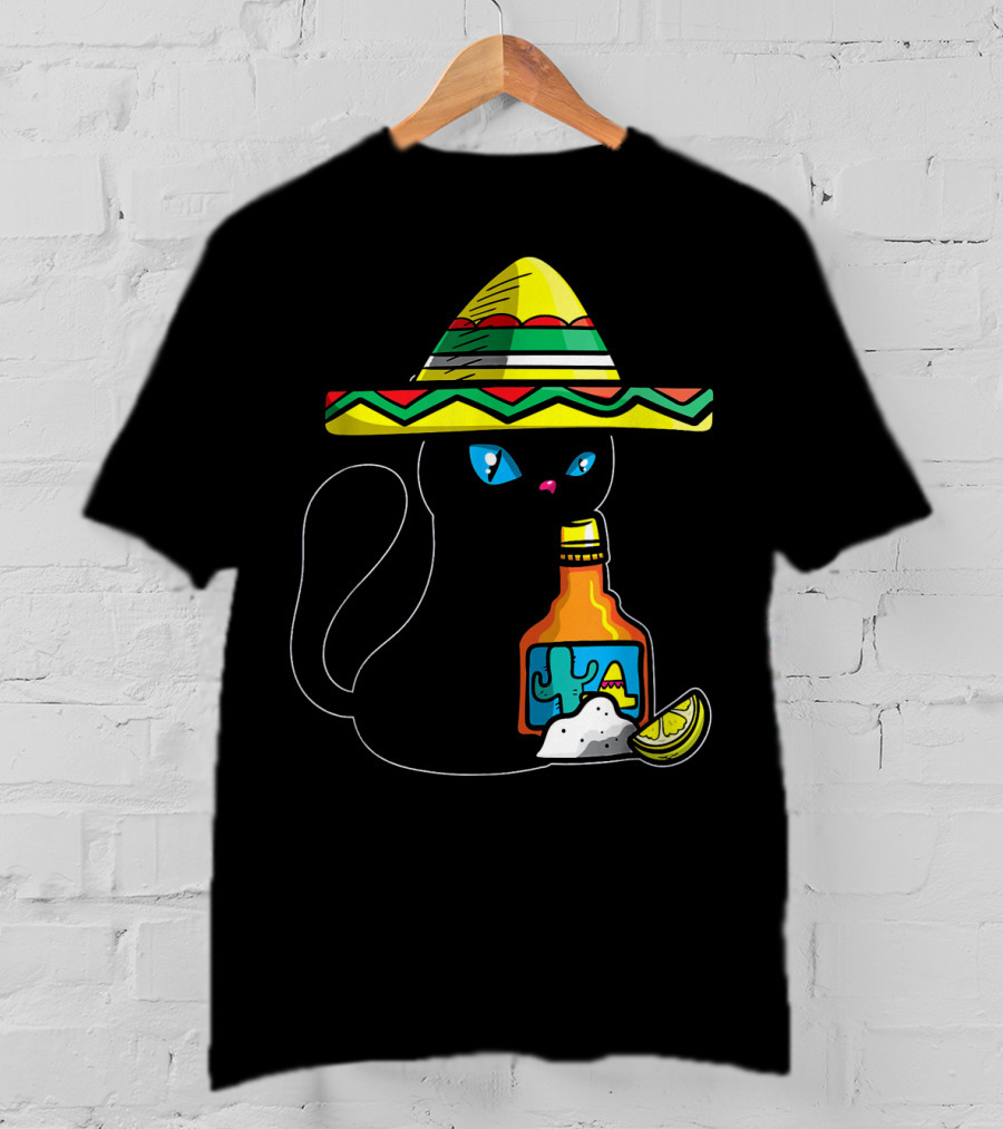 Cinco De Mayo Women With Cat In Sombrero Holding Tequila And Lime T-Shirt