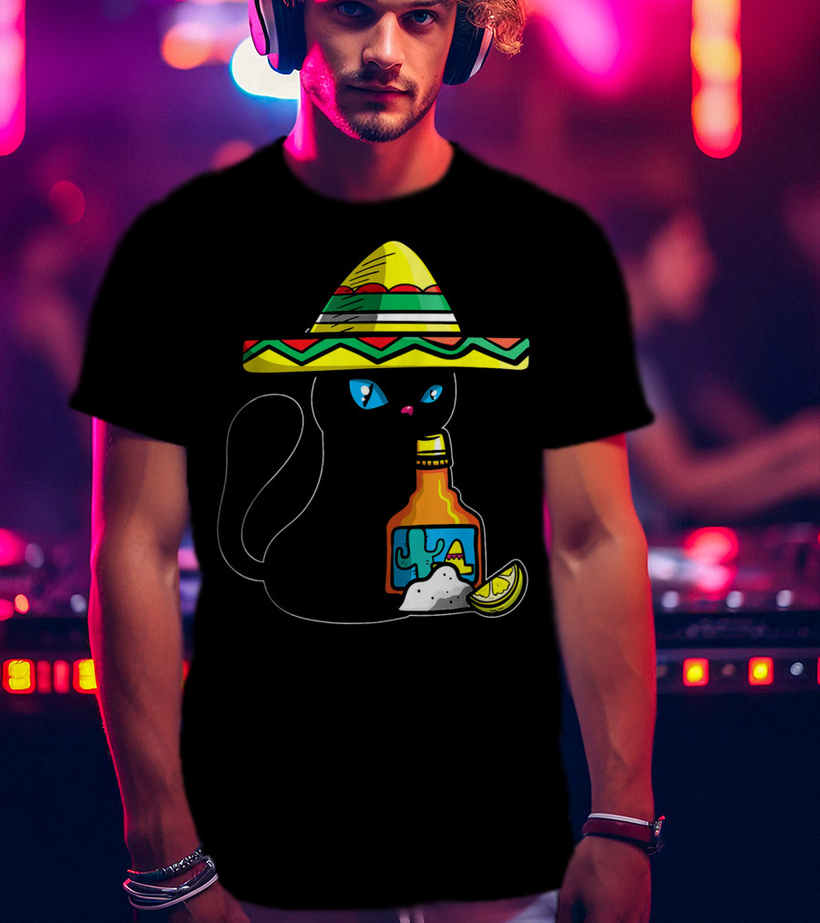 Cinco De Mayo Women With Cat In Sombrero Holding Tequila And Lime T-Shirt