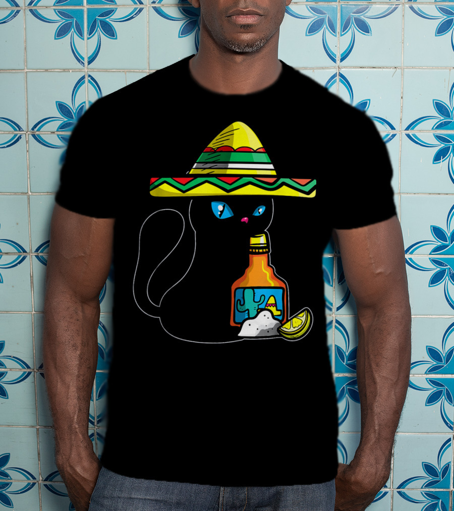Cinco De Mayo Women With Cat In Sombrero Holding Tequila And Lime T-Shirt