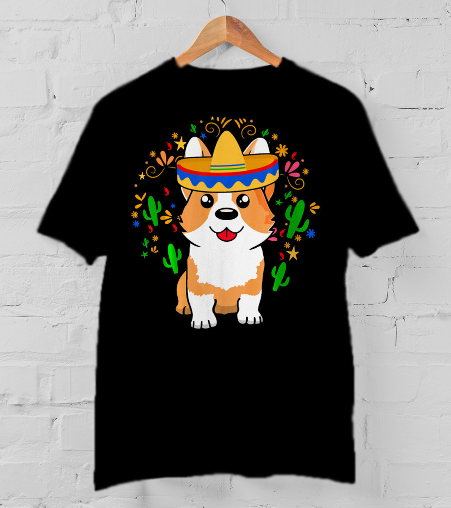 Cinco De Mayo Corgi Dog With Sombrero And Cacti T-Shirt