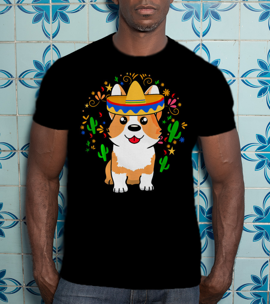 Cinco De Mayo Corgi Dog With Sombrero And Cacti T-Shirt