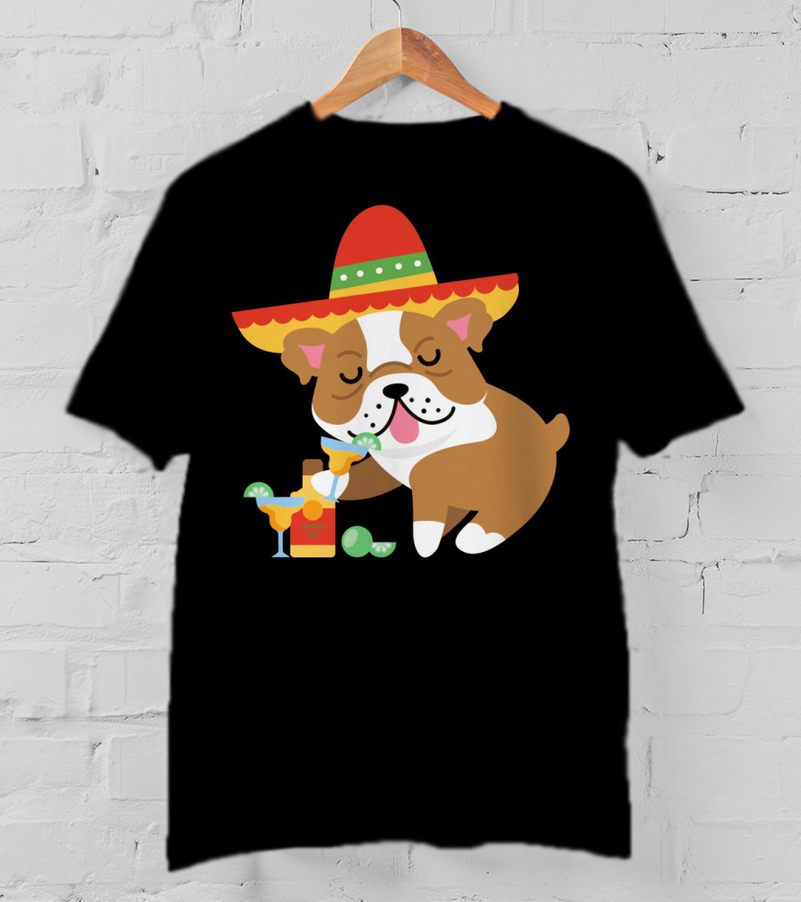Bulldog Margarita Funny Mexican Sombrero Dog Cinc Party T-Shirt