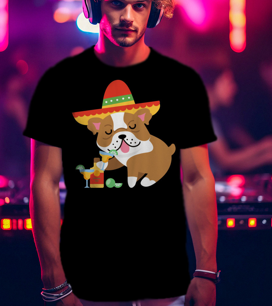 Bulldog Margarita Funny Mexican Sombrero Dog Cinc Party T-Shirt