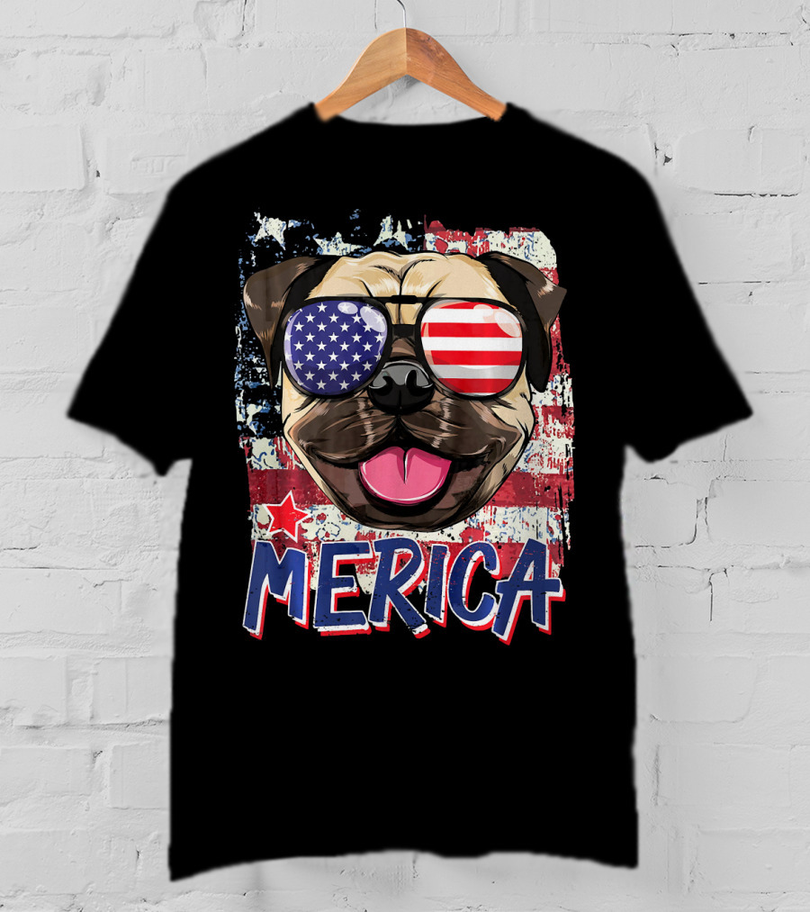 American Flag Pug Dog Merica Sunglasses USA T-Shirt