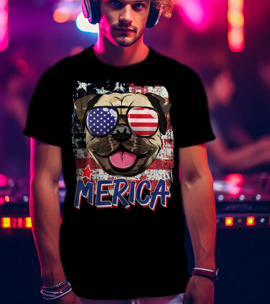 American Flag Pug Dog Merica Sunglasses USA T-Shirt