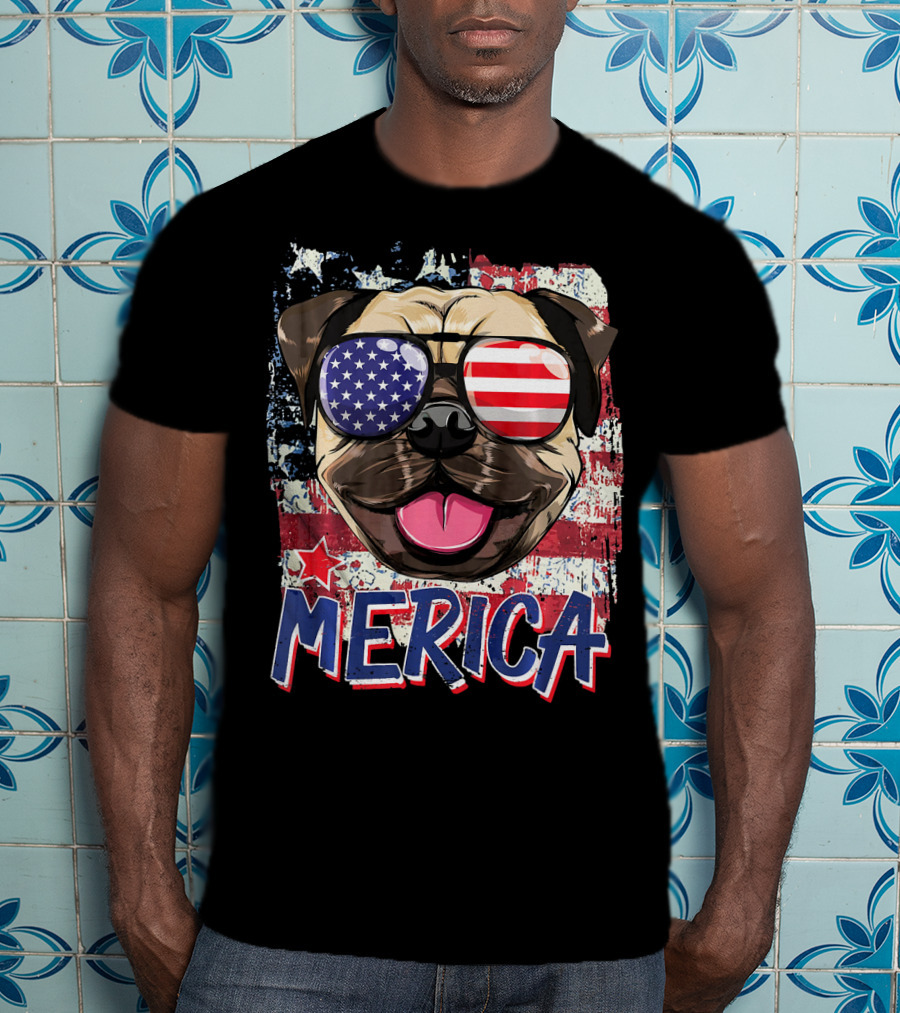 American Flag Pug Dog Merica Sunglasses USA T-Shirt