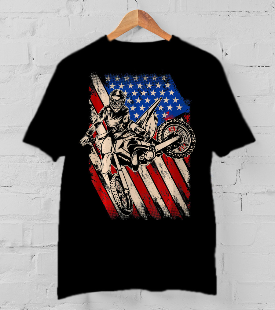 Vintage Dirt Bike Motocross With American Flag Background T-Shirt