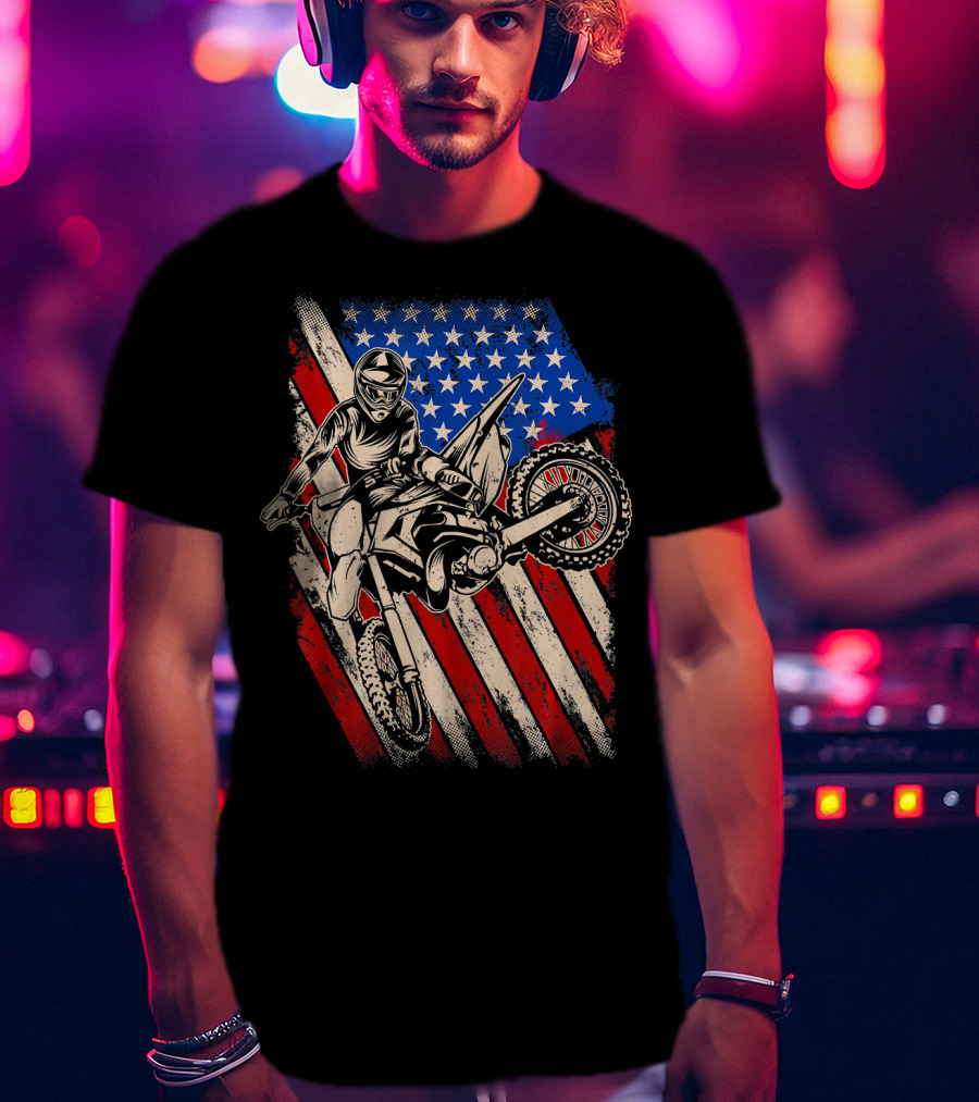 Vintage Dirt Bike Motocross With American Flag Background T-Shirt