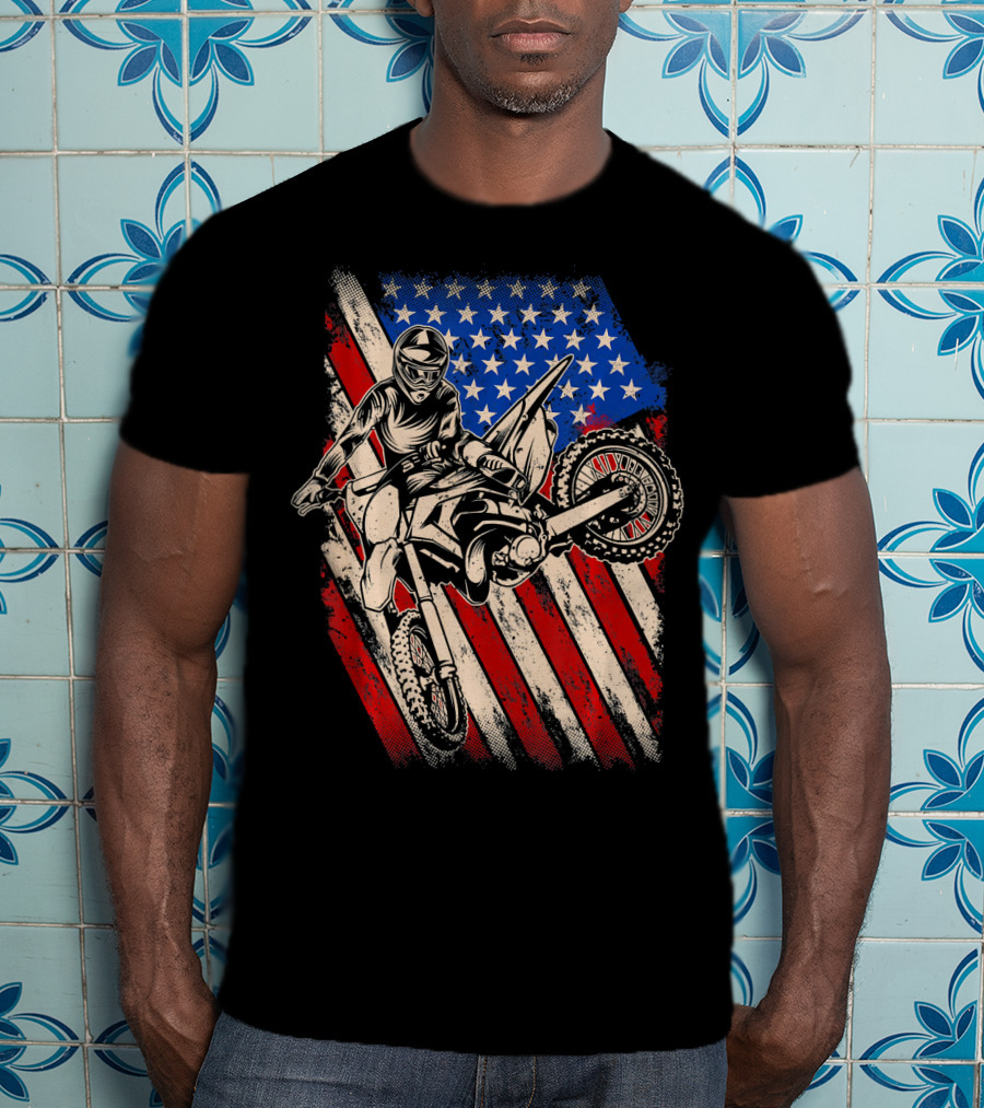 Vintage Dirt Bike Motocross With American Flag Background T-Shirt