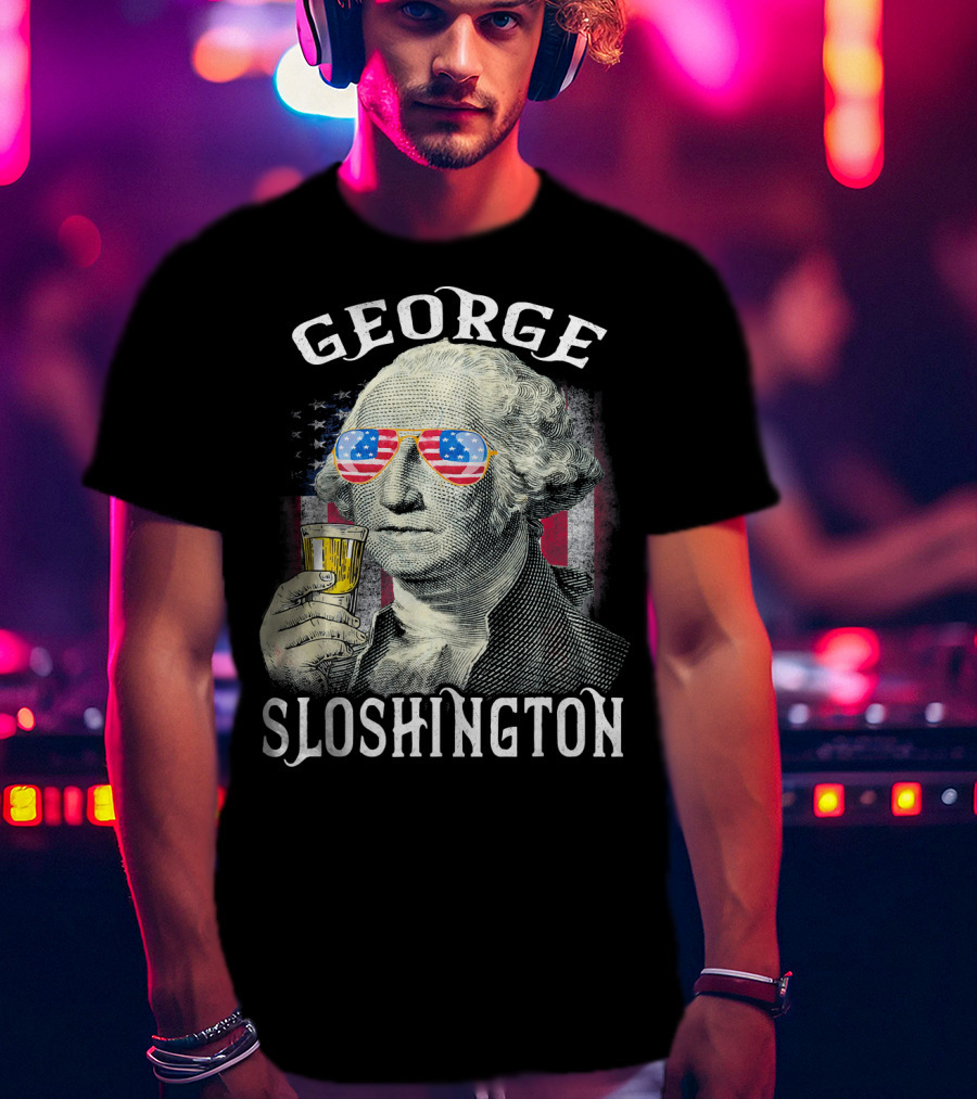 George Sloshington American Flag Sunglasses Beer T-Shirt