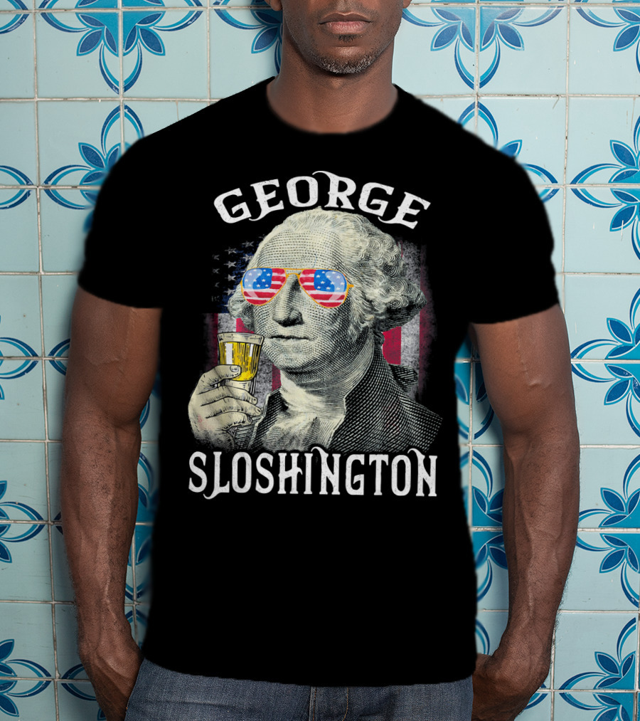 George Sloshington American Flag Sunglasses Beer T-Shirt