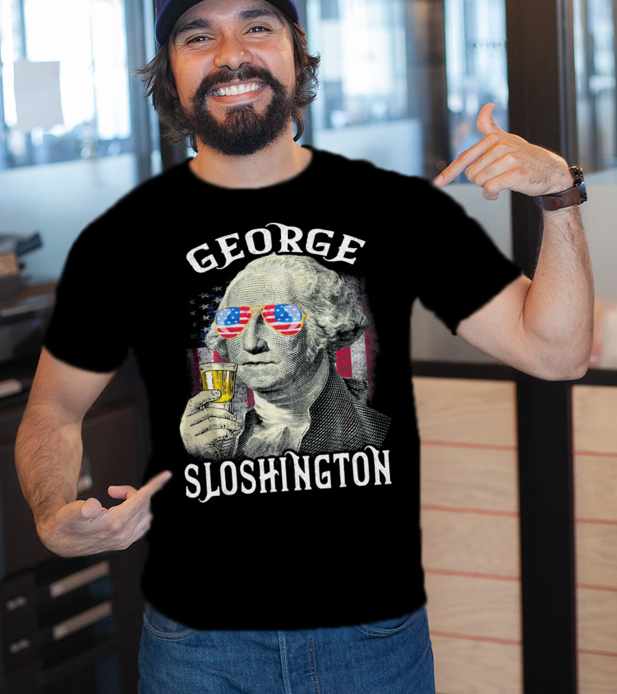 George Sloshington American Flag Sunglasses Beer T-Shirt