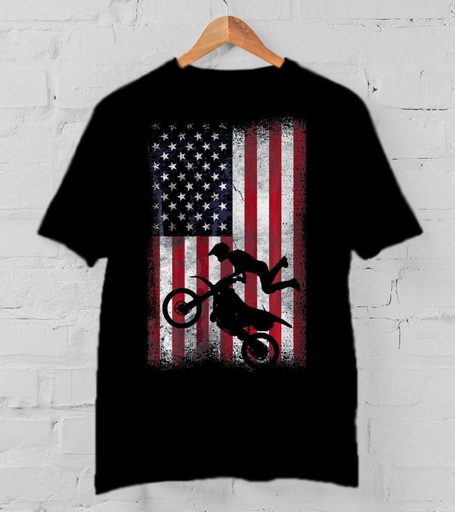American Flag Motocross Rider Silhouette Patriotic USA T-Shirt