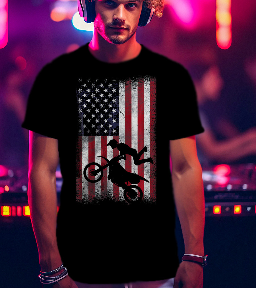 American Flag Motocross Rider Silhouette Patriotic USA T-Shirt