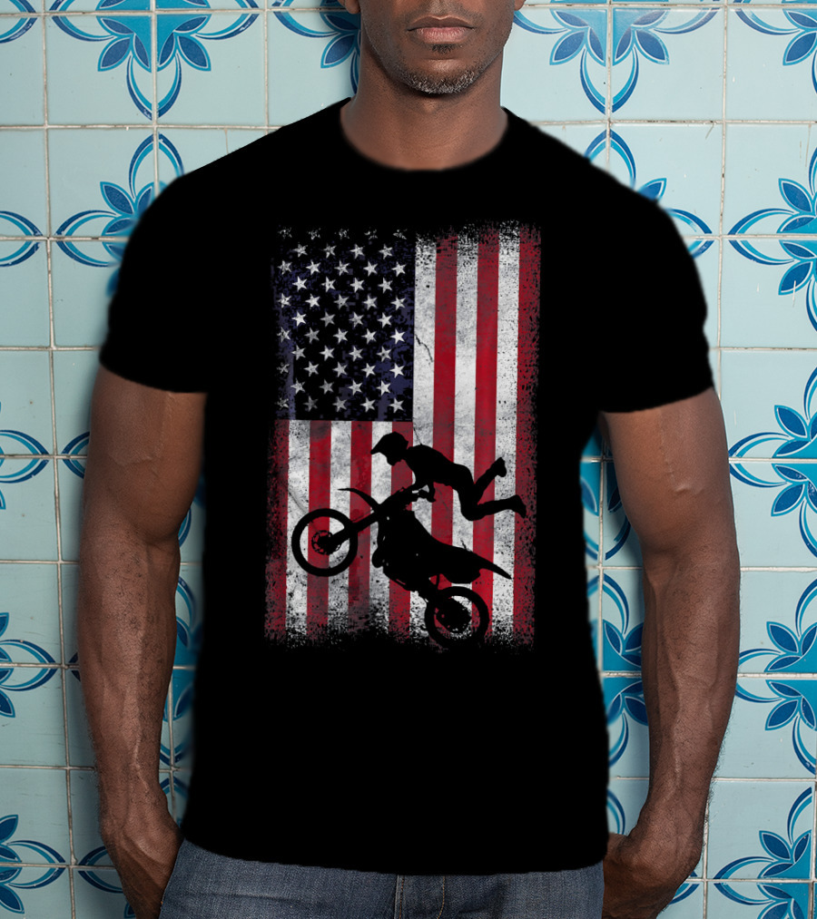 American Flag Motocross Rider Silhouette Patriotic USA T-Shirt
