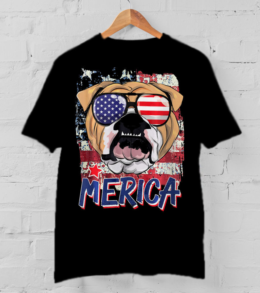 Merica Bulldog With American Flag Sunglasses T-Shirt