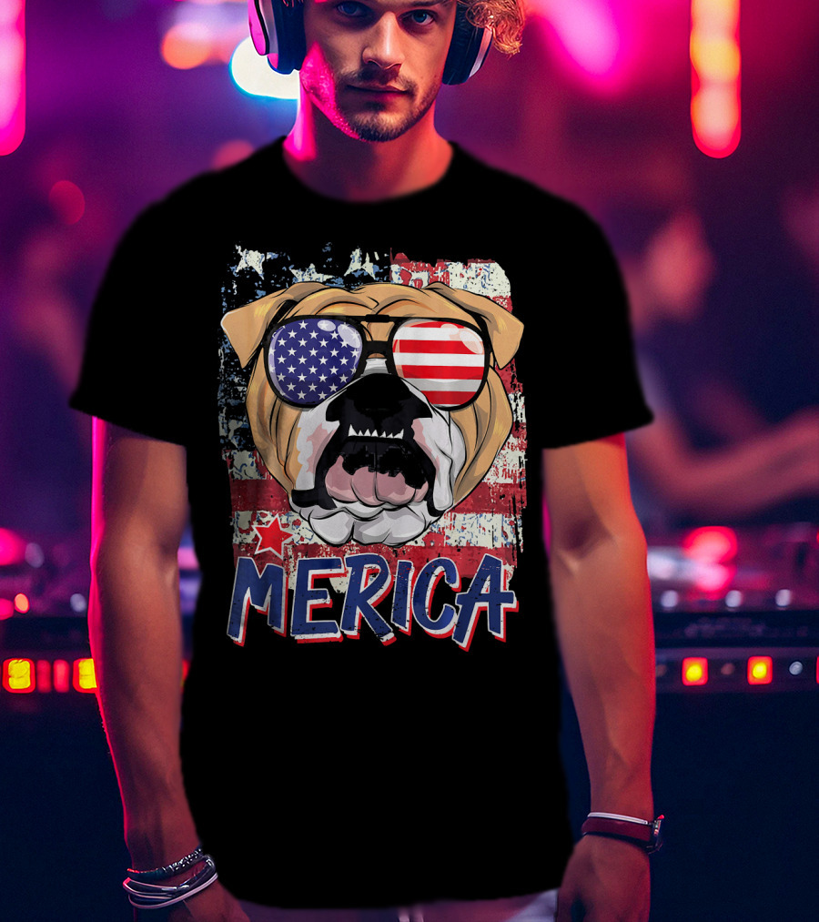 Merica Bulldog With American Flag Sunglasses T-Shirt