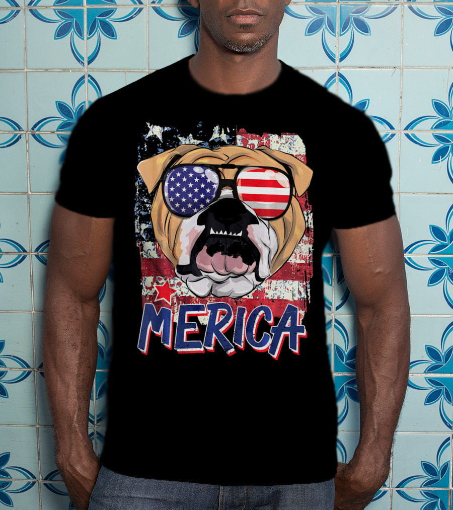 Merica Bulldog With American Flag Sunglasses T-Shirt