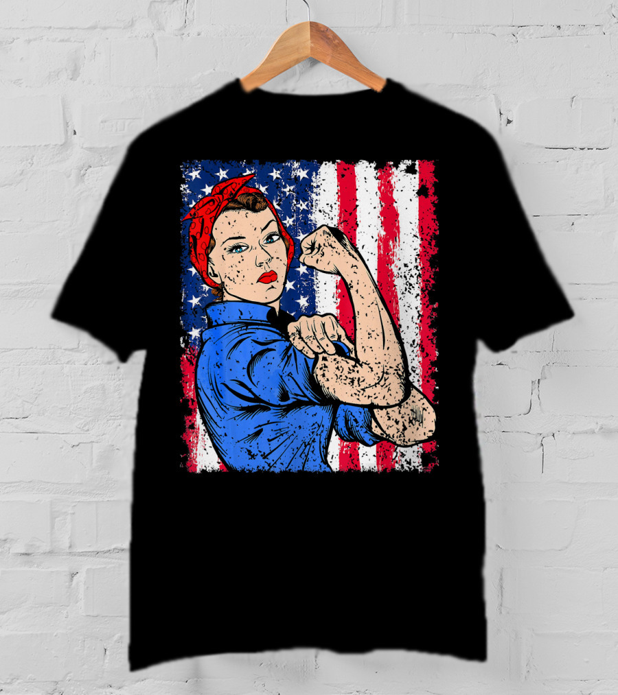 Rosie The Riveter Feminist Patriotic USA American Flag Iconic Empowerment T-Shirt