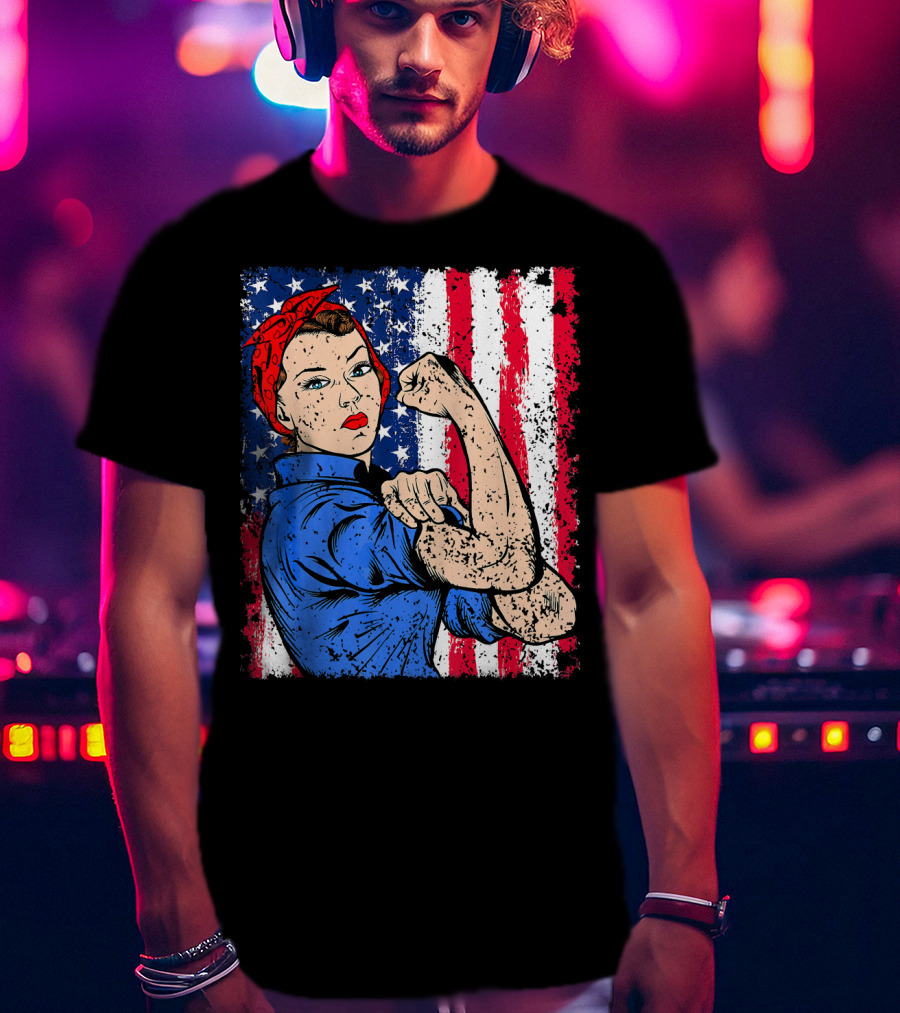 Rosie The Riveter Feminist Patriotic USA American Flag Iconic Empowerment T-Shirt