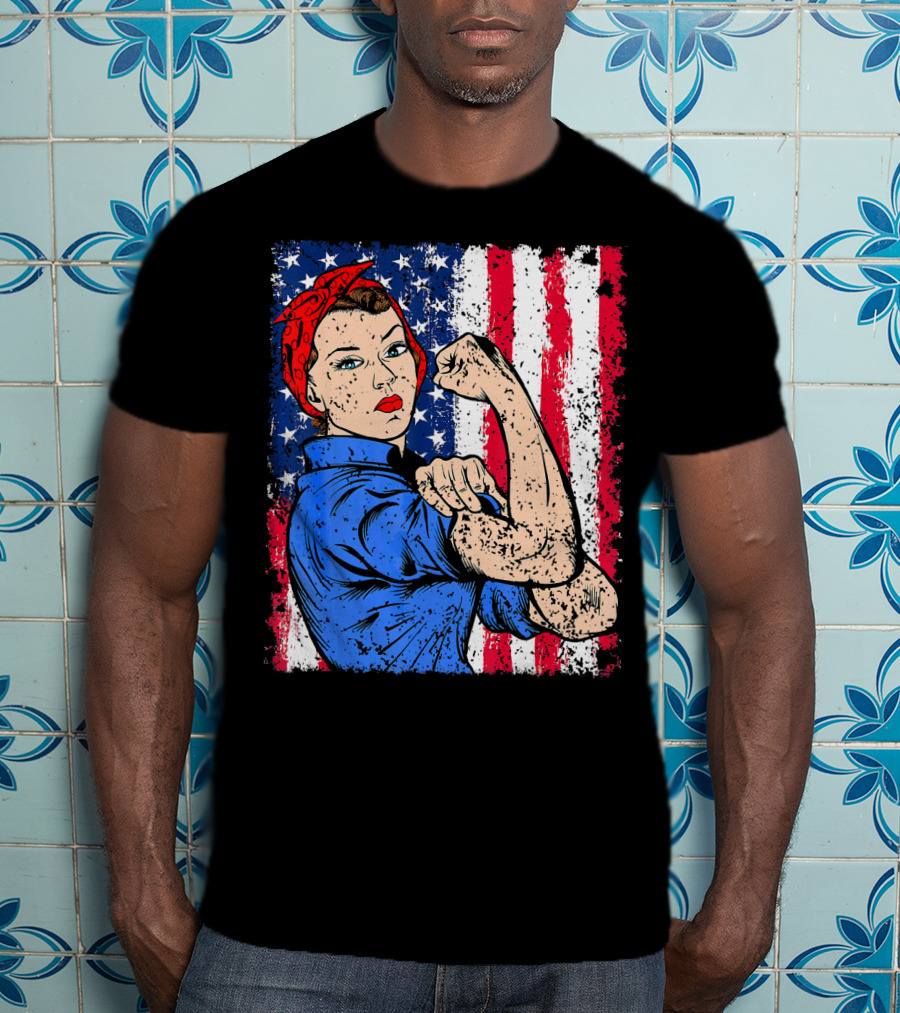 Rosie The Riveter Feminist Patriotic USA American Flag Iconic Empowerment T-Shirt