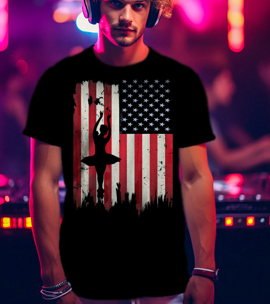 Ballerina Silhouette With American Flag Ballet USA T-Shirt