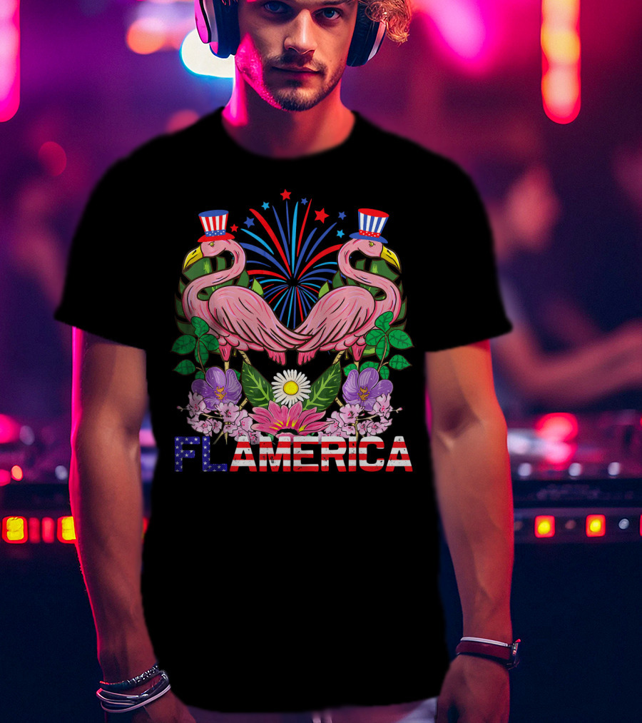 Flamerica Flamingo Fireworks Uncle Sam Hat Botanical T-Shirt