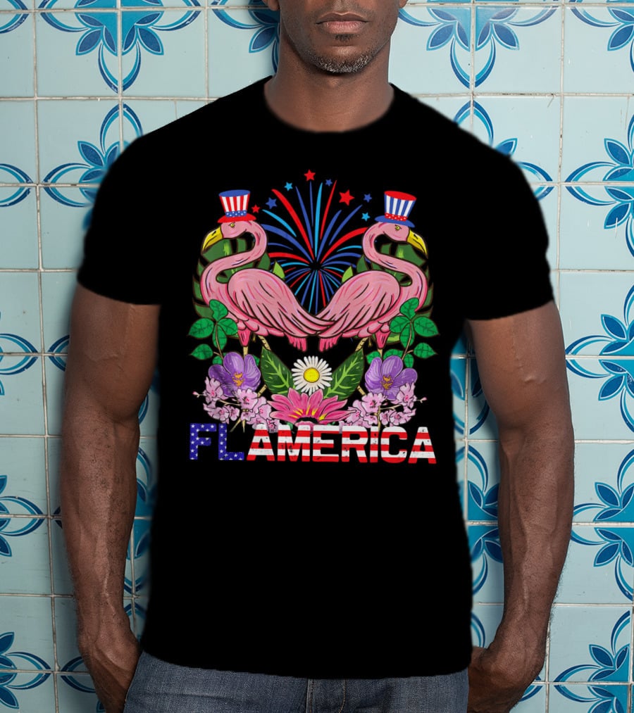 Flamerica Flamingo Fireworks Uncle Sam Hat Botanical T-Shirt